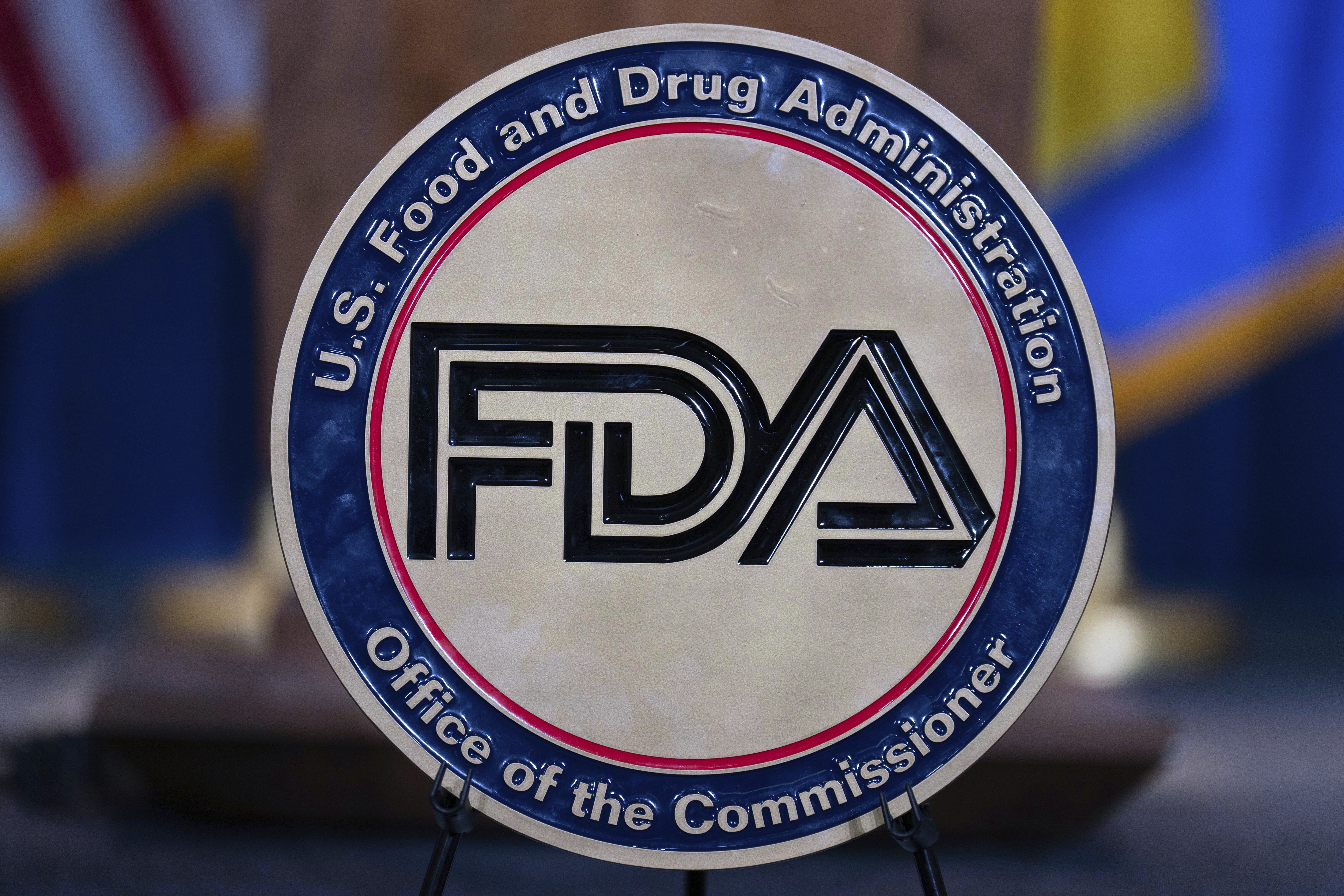 The Food and Drug Administration seal is seen at the Hubert Humphrey Building Auditorium in Washington, D.C., on April 22, 2025.
